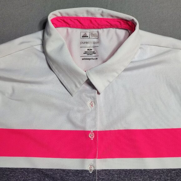 Adidas Golf Puremotion polo shirt women's size M white with grey & pink stripes - Picture 2 of 11